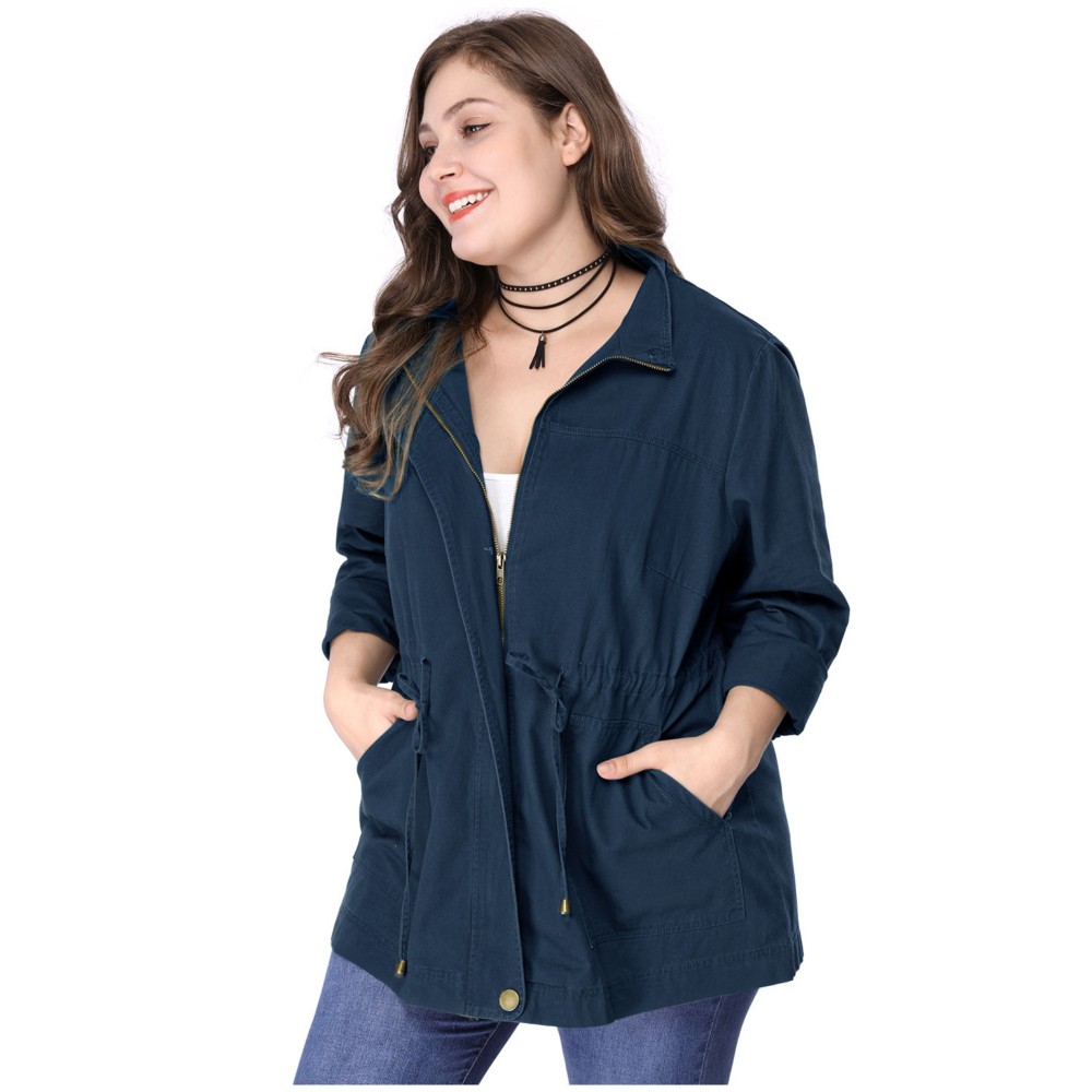 Women’S Plus Size Jackets Lightweight Anorak Drawstring Utility Jacket with Pockets