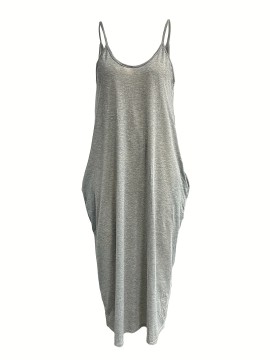 Deep V Neck Cami Dress With Pocket, Solid Casual Every Day Dress For Spring & Summer, Women's Clothing