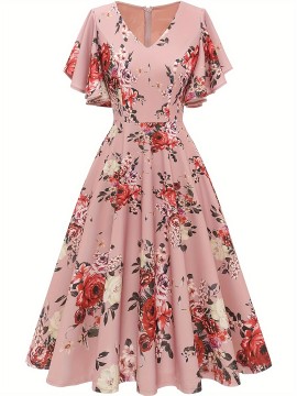 Floral Print Flutter Sleeve Dress, Casual V-neck Dress For Spring & Summer, Women's Clothing